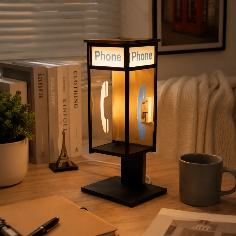 Illuminated Table Lamp Retro Vintage Phone Booth Night Light Tall Home Bedroom Office Living Room Red Ornament Gift Decor