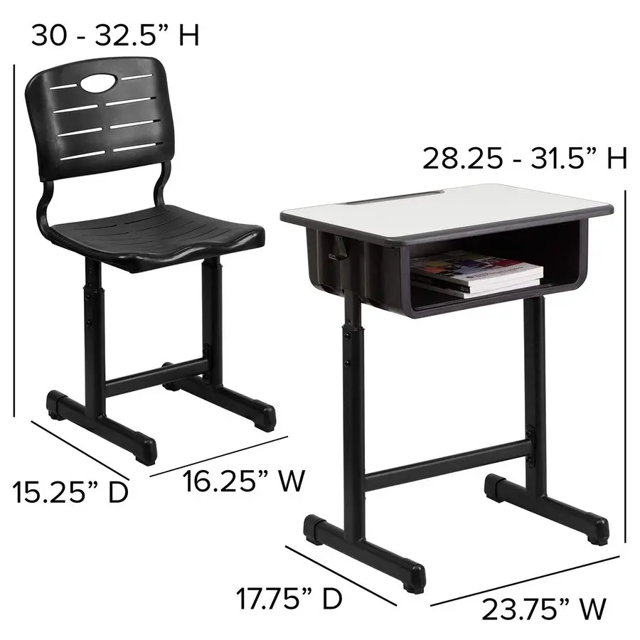 Conjunto de mesa e cadeira ajustável para estudantes para salas de aula ou aprendizagem remota, mesa escolar ajustável com cadeira e caixa de livros, cinza bl