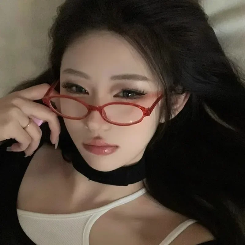 Y2K 여성용 레트로 타원형 사각형 안경, 소녀 레드 해변 운전 안경, 간단한 컴퓨터 안티 블루 안경, 패션 장식