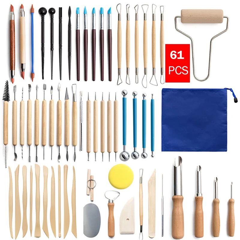 

61PCS Ceramic Clay Tools Set Pottery Polymer Clay Carving Tools Kit Arts Crafts Sculpting Shapers Wood Handle Modeling Clay Tool