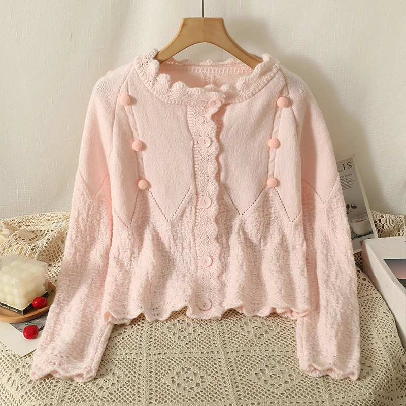 Korean Soft Knitted Sweater for Women's Spring Autumn 2024 New Gentle Style Three Dimensional Wool Ball Spliced Cardigan Coat