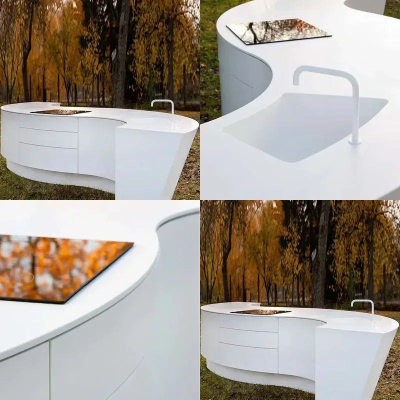 Modern White Kitchen Workbench with Sink and Cabinets Island Counter