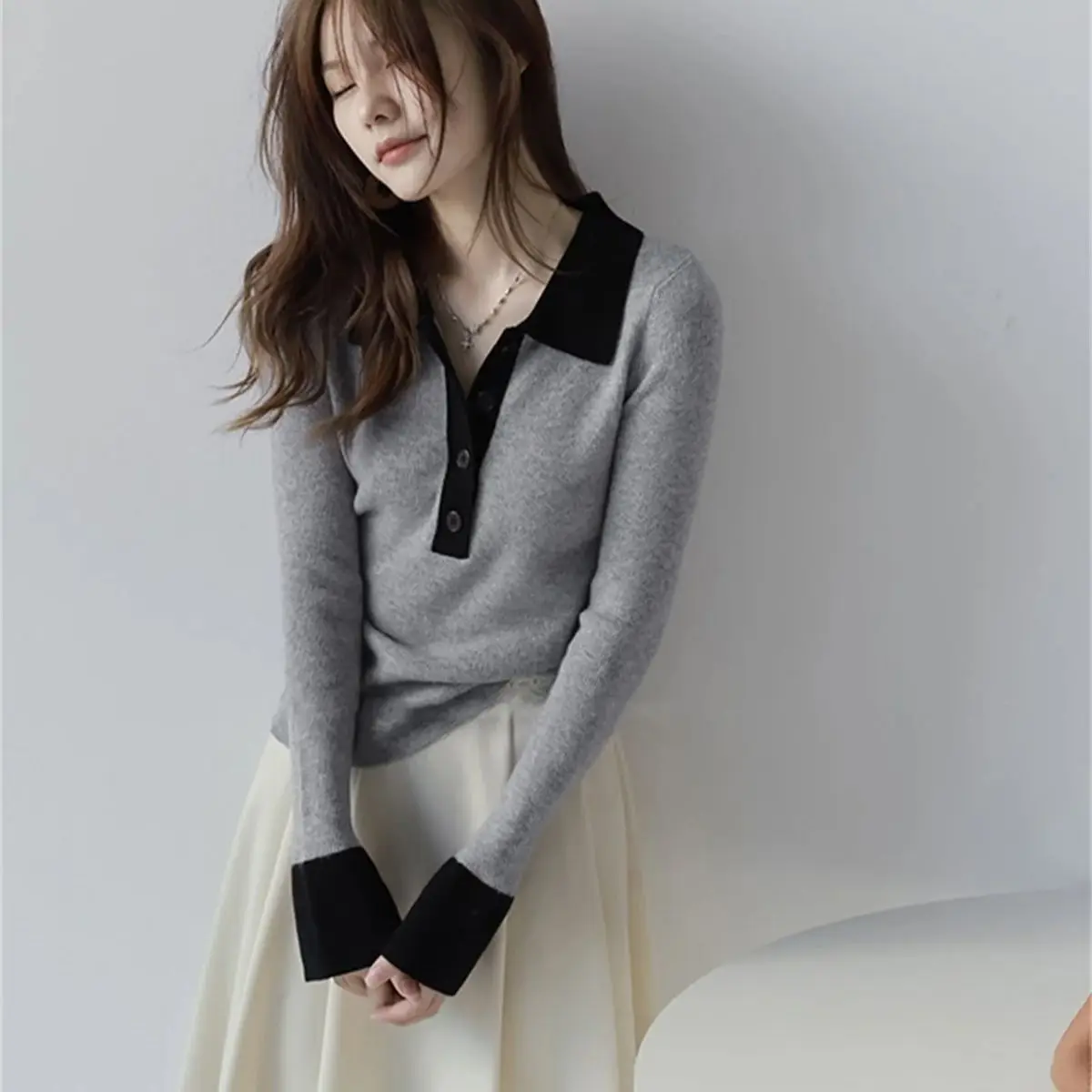 

Women French Patchwork Fashion Tops Polo Neck Long Sleeve Autumn Spring Knitted Inner Layer Lady Casual Elegant Pullover Shirts