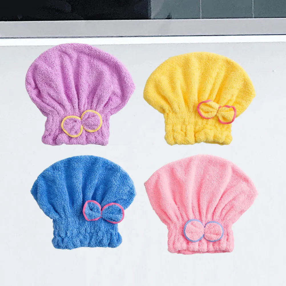 

4pcs Coral Fleece Hair Drying Cap Fast Drying Absorbent Shower Turban For Women Girls Thickened Elastic Bath Towel Wrap Yellow
