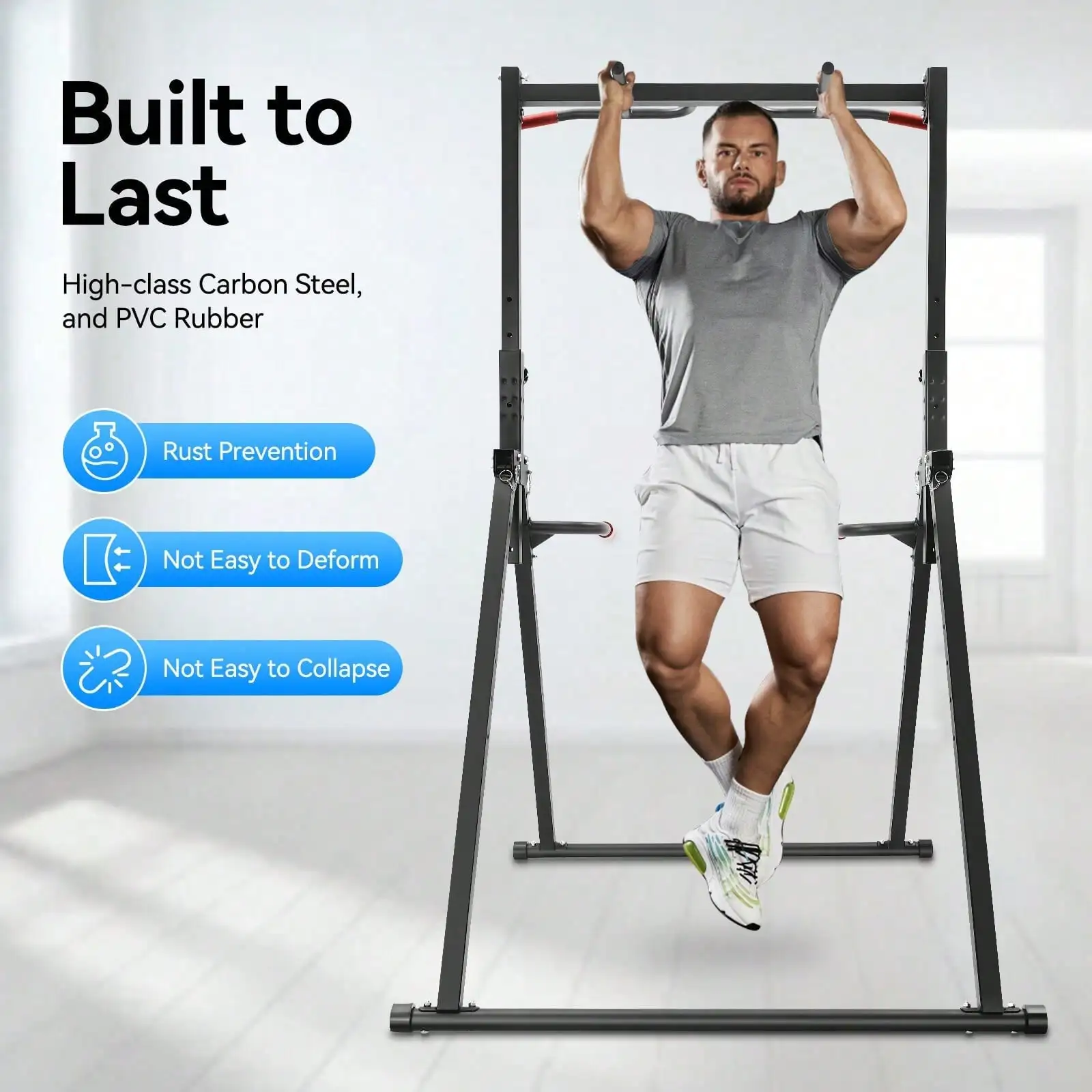 Pull Up Bar Multifunction Adjustable Home Gym Strength Training Equipment Deluxe Carbon Steel Easy Clean Indoor Fitness Dip Stand Arm Back Ab Workout For Adults Foldable