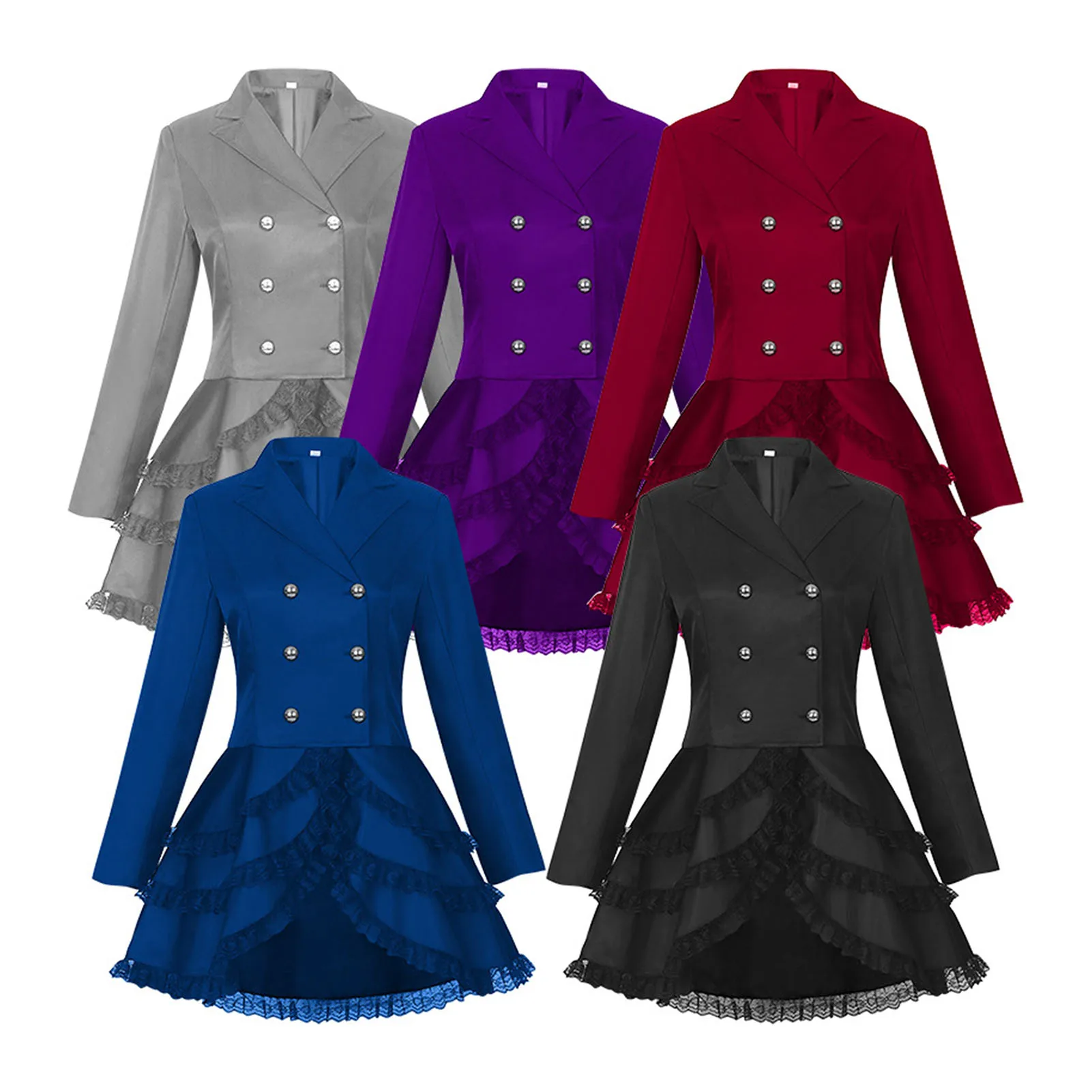 

Women Lace Trim Lace-up High Low Coat Black Steampunk Victorian Style Gothic Jacket Medieval Noble Court Dress