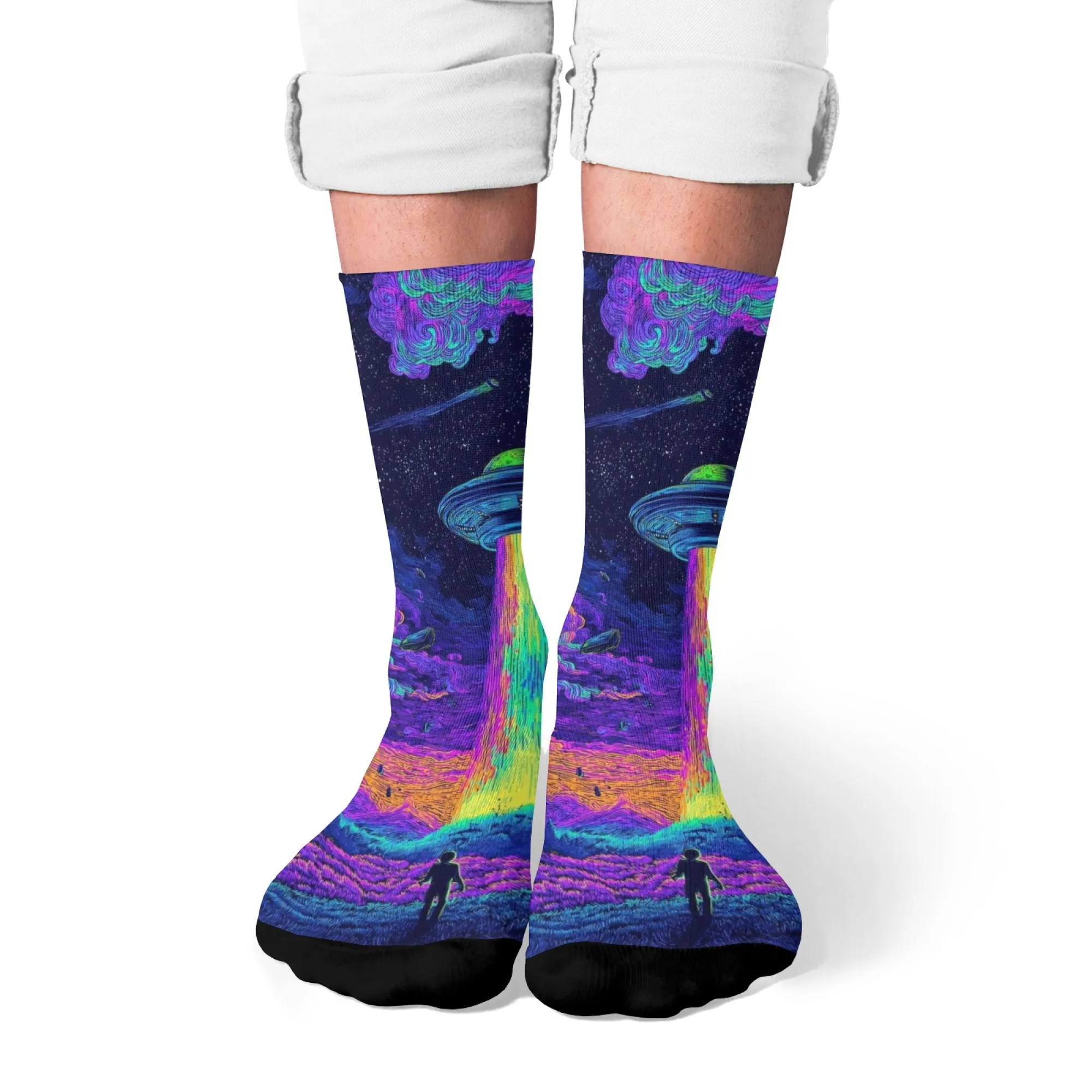 نيون Harajuku نمط الخيال العلمي UFO الرجال طاقم الجوارب مخدر قوس قزح ضوء شعاع والسماء المرصعة بالنجوم طباعة للجنسين العصرية الجوارب الموضة