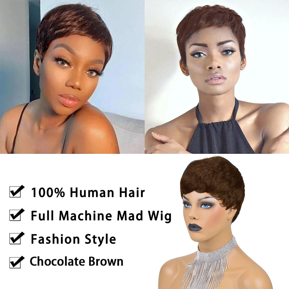 Burgundy Short Straight Human Hair Wigs Natural Color Brazilian Remy Hair Pixie Cut Wig #30 Cheap Human Hair Wig For Black Women