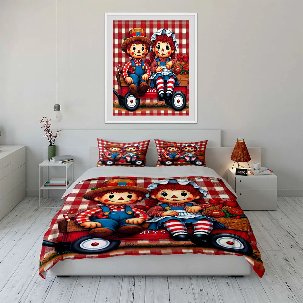 Dolls on Checkered Background Duvet Cover Set with 3D Printing Design Soft Polyester Bedding Set All-Season Comfort for gifts