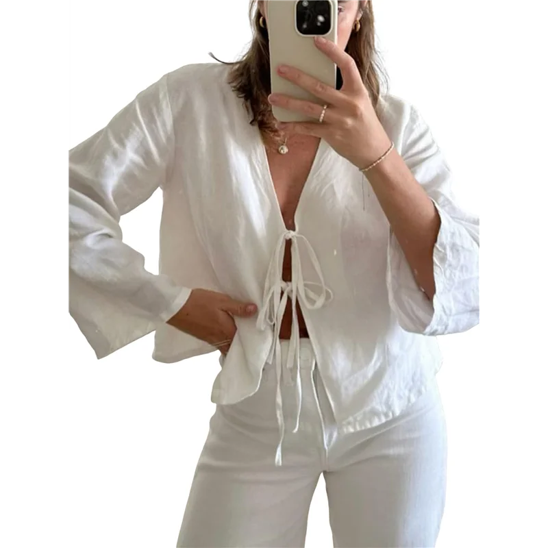 CGS-Tie devant hauts pour femmes Y2K chemises en coton manches évasées col en V vêtements décontracté à lacets nœud-blemisiers