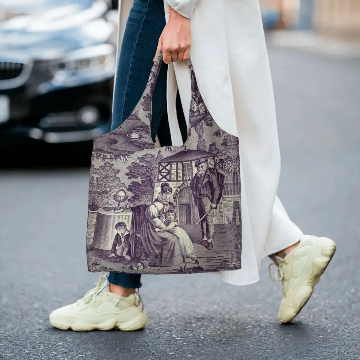 French Toile De Jouy Motif Pattern Shopping Bag Shoulder Canvas Tote Bag Durable Traditional France Art Groceries Shopper Bags