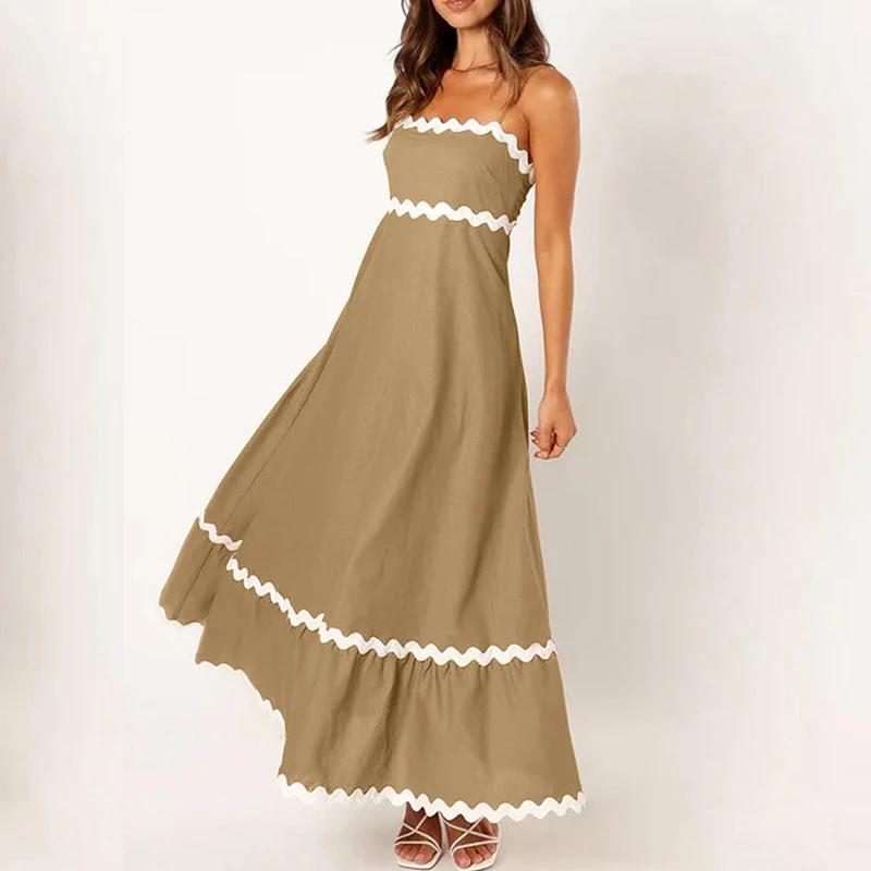 Vestido midi feminino plissado boêmio fluindo linha A, vestido de verão, alças de espaguete, solto, 2022