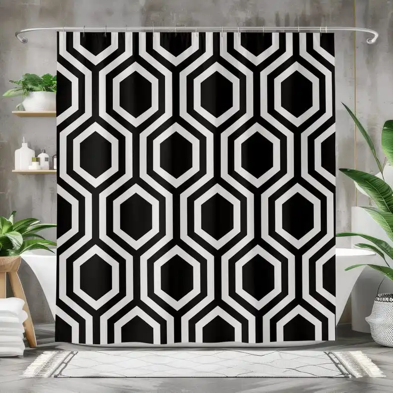 Bold Geometric Shower Curtain – Black and White Honeycomb Pattern, Modern Graphic Bathroom Decor, Waterproof Fabric
