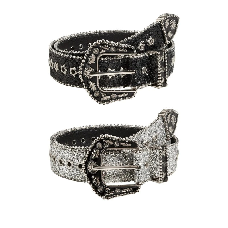 人気のパンツジーンズ用ベルトキラキラスパンコールスターアイレットベルト女性ガールパーティー Wasitband 目を引くウエスト装飾 DXAA