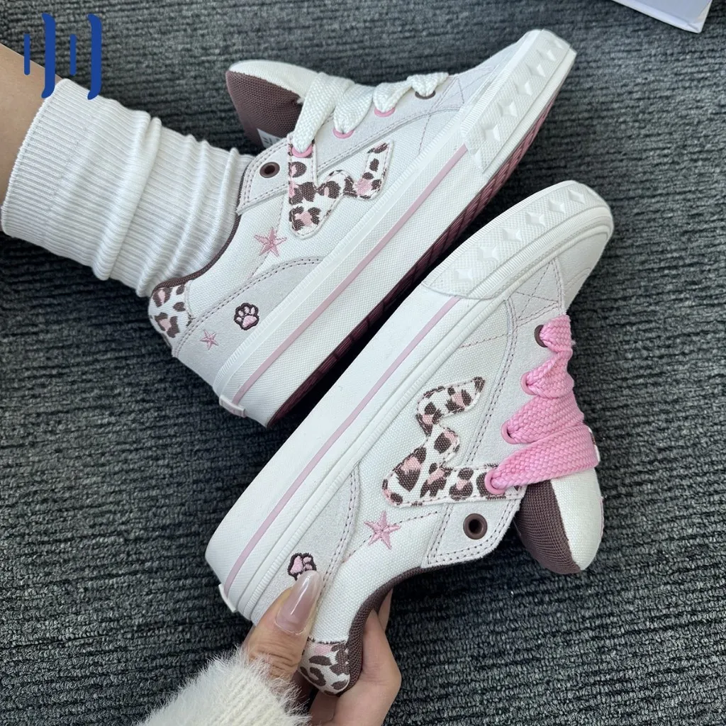 

Ollieskate White Pink Leopard Low-top Sneakers Soft Sole Unisex BAKE Series Winter Casual Shoes