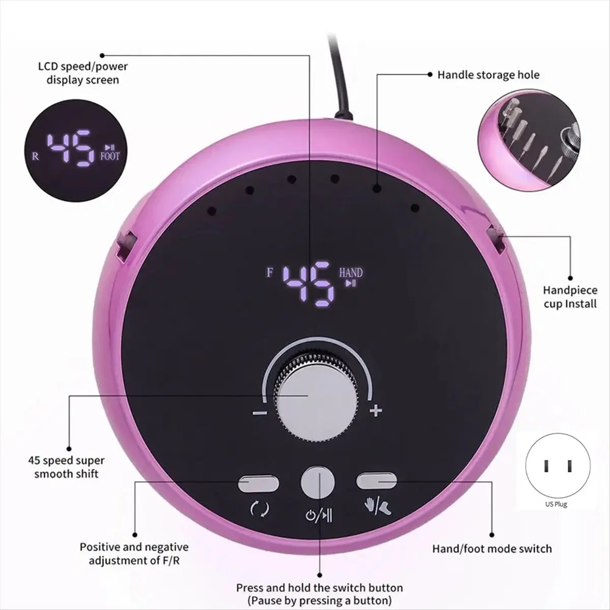 Electric Nail Drill Professional Manicure Machine Brushless Motor Nails Sander Set Nail Polisher Equipment US PLUG,D