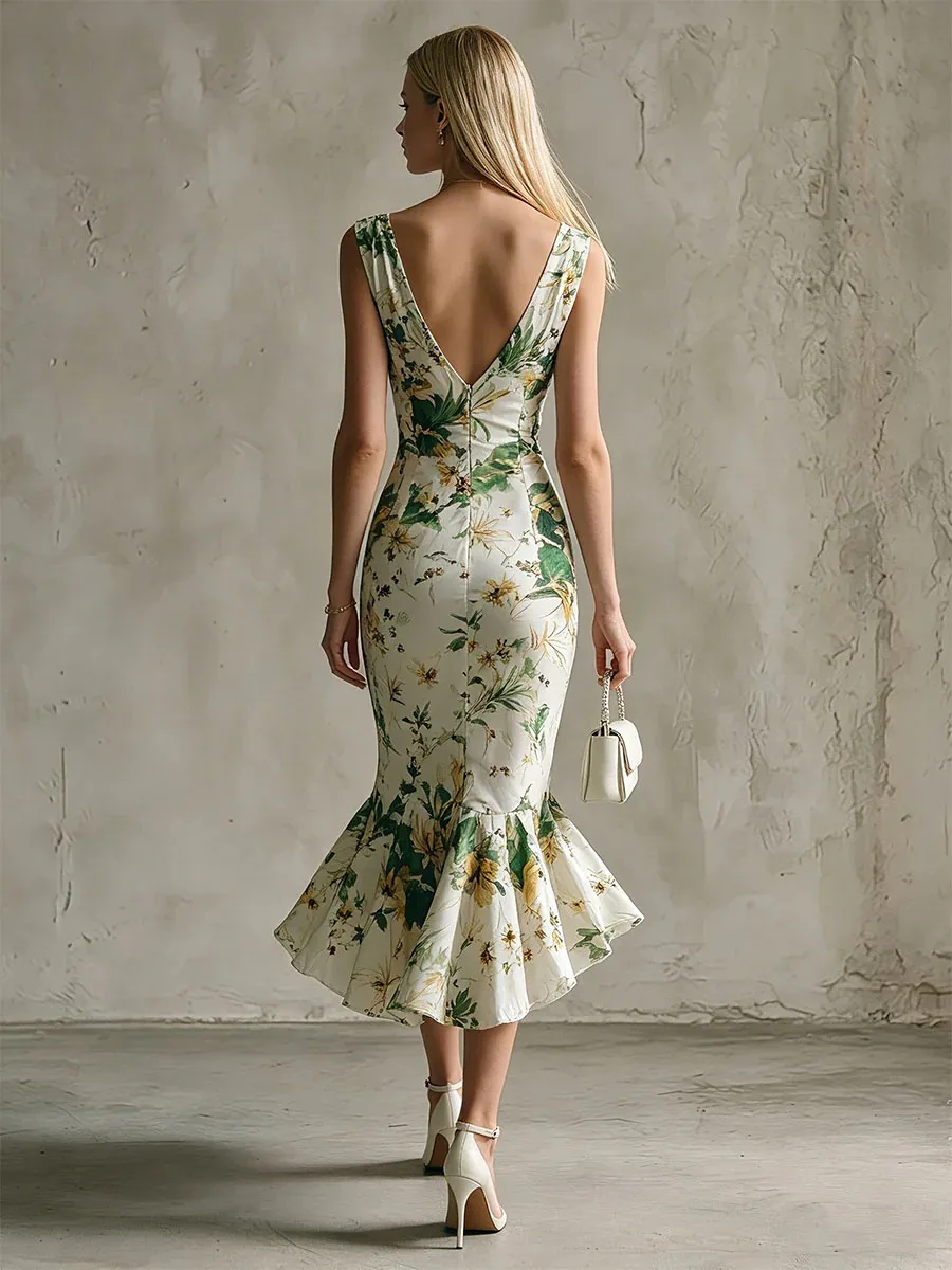 Damen Tiefer V-Ausschnitt Ärmelloses Blumen-Midikleid Bodycon Unregelmäßiger Rüschen-Meerjungfrauen-Saum Sommer-Partykleid – Detail 2