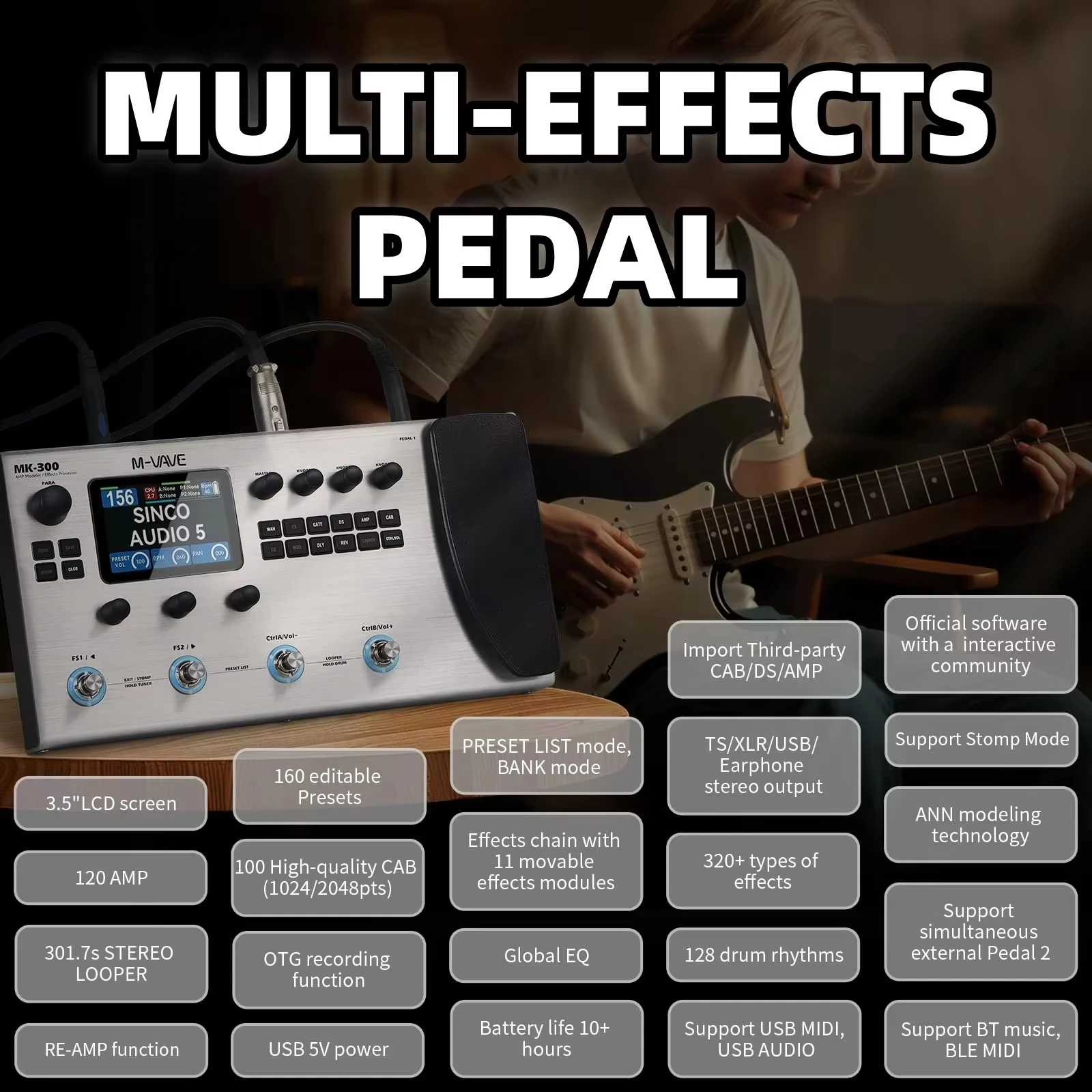 NEW M VAVE Portable Guitar Bass Effect Pedal with Wireless Bluetooth Internal Recording Single Button Amp Simulation