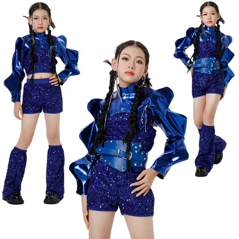 الفتيات أزياء الترتر شارع الرقص مجموعة الفتيات المدرج مرحلة الأداء الأزرق دعوى الأطفال رقص الجاز الترتر زي محب