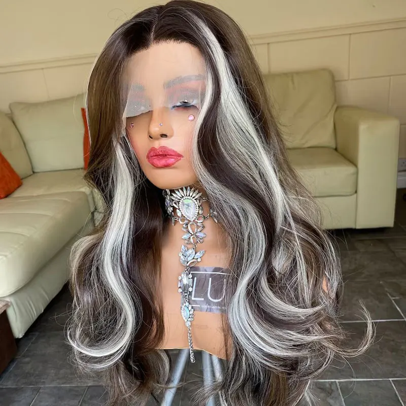 Perruque Lace Front Wig synthétique sans colle 13x4-Bomshell, perruque en fibre de haute qualité, cheveux ondulés blancs et bruns mélangés, pour femmes Cosplay