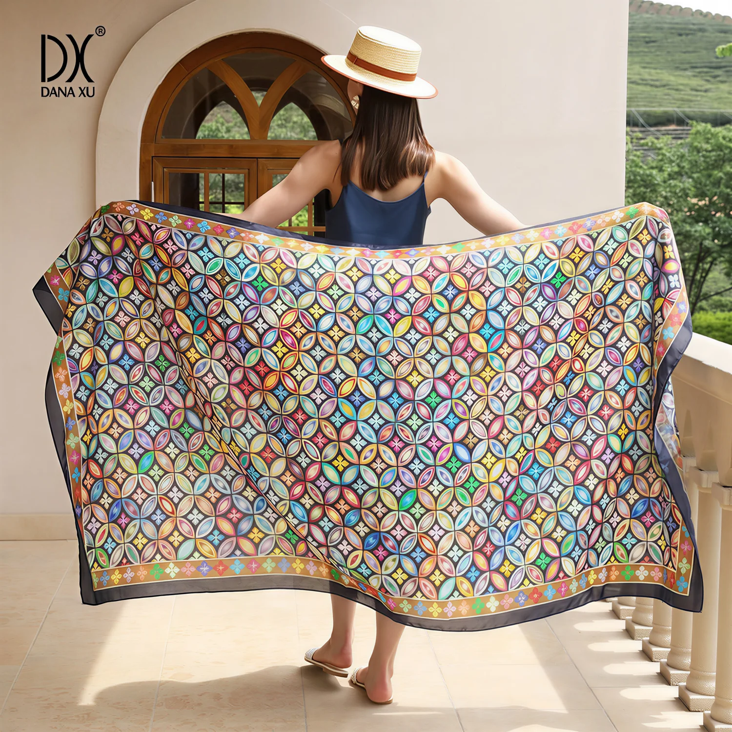 Luxury Colorful Geometric Print Silk Scarf Women Large Satin Shawl Wrap Beach Cover Up Fashion Foulard 230*110cm