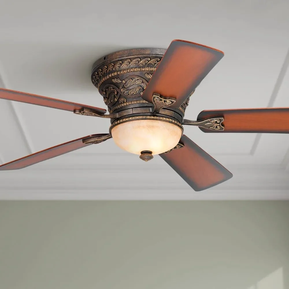 

52 Inch Vintage Antique Indoor Ceiling Fan, 5-plade LED Light Remote Control with Gold Copper Motor, Teak Walnut Veneer Blades