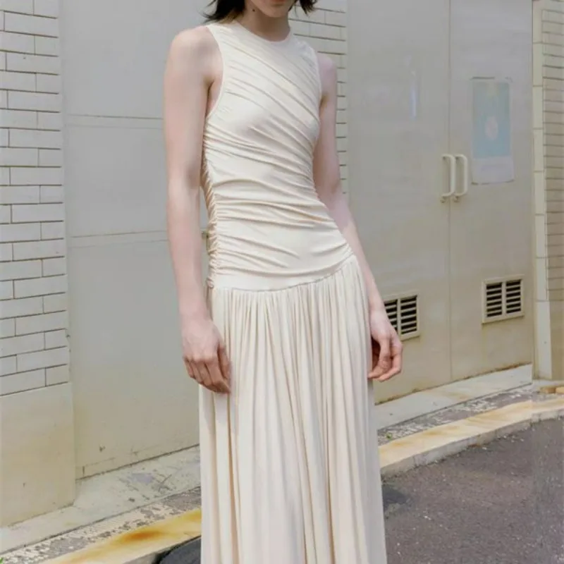 فستان ميدي عتيق مكشكش بدون أكمام للنساء بخصر عالٍ مطوي على شكل حرف A فستان طويل للسيدات ملابس صيفية أنيقة عصرية 2025