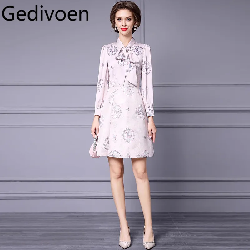 Gedivoen Autumn Winter Women's Dress Scarf Collar Bow Lantern Sleeved Design High Waiste Slim Print Elegant Dress