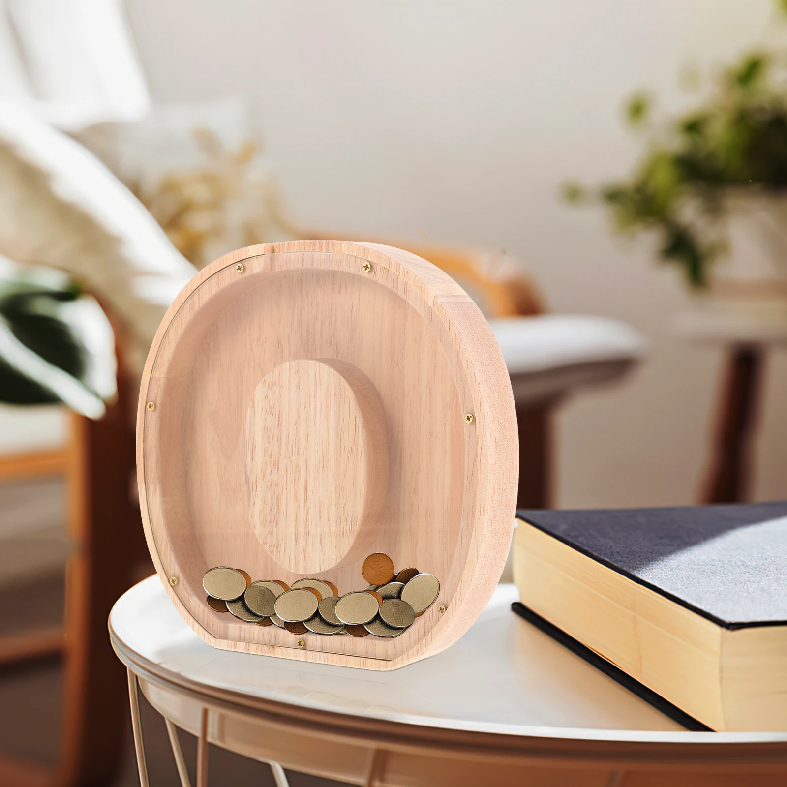 

Wooden Piggy Bank O Shape Natural Wood Coin Storage Holder Kids Clear Window Money Saving Pot Desktop Alphabet Letter