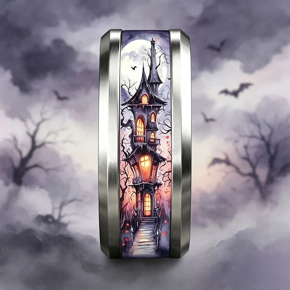 Halloween Haunted House Castle Full Moon Bat Ring, Gothic Punk Stainless Steel Skull Rings for Men Women Rock Biker Jewelry Gift