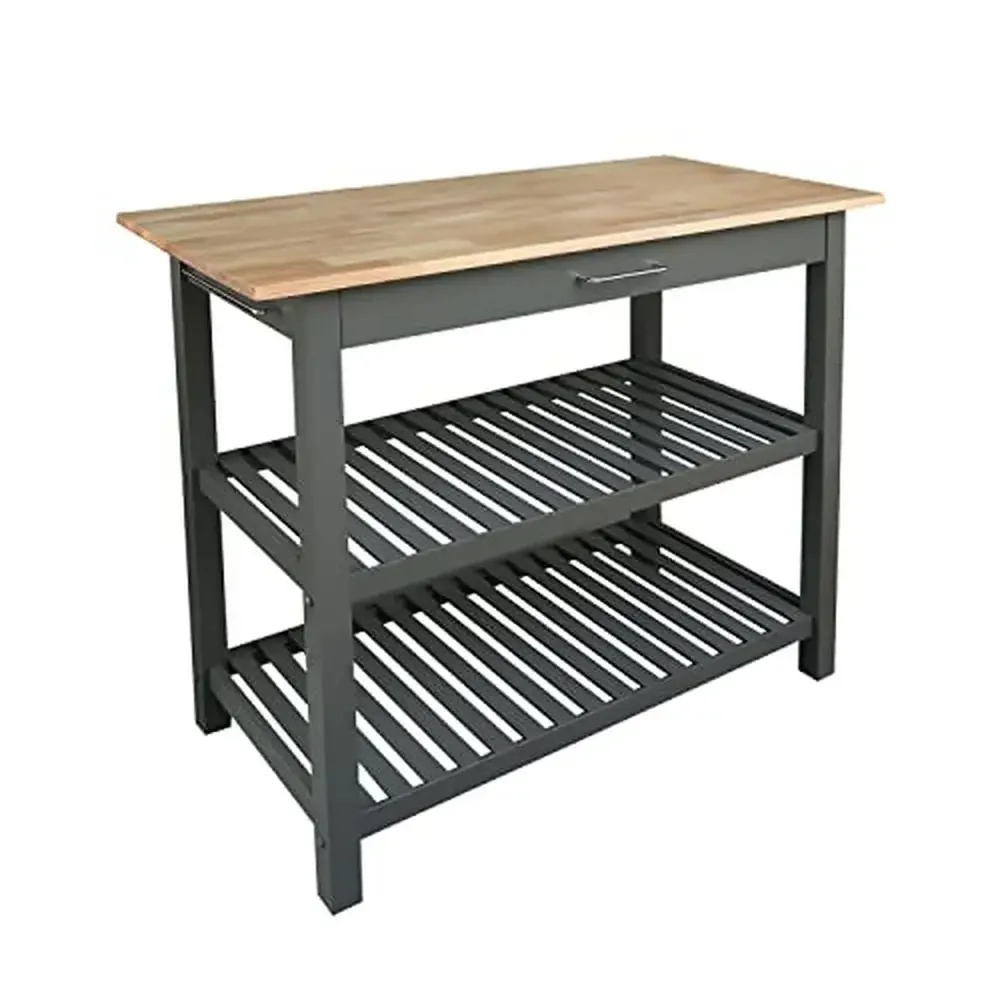 Gray Wood Kitchen Island with Stainless Steel Drawer Handles and Towel Rack Storage Shelf 40