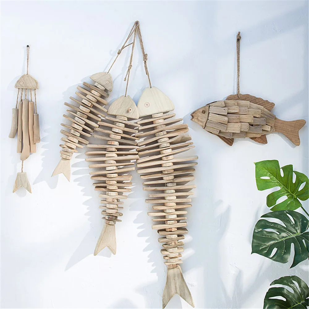 

Nordic Mediterranean Wooden Fish Pendant Decorations Restaurant Home American Rural Retro Large Wood Striped Fishes Wall Hanging