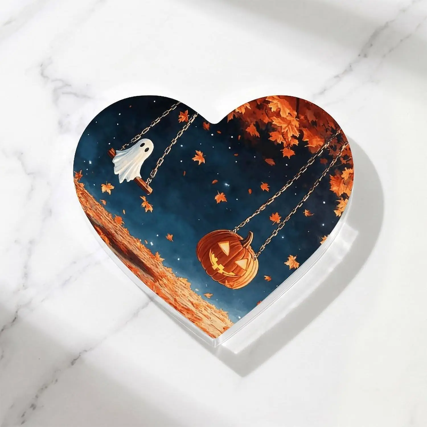 Ghost And Pumpkin On Swing Heart‑Shaped Acrylic Plaque, Halloween Fall Desktop Tabletop Decor