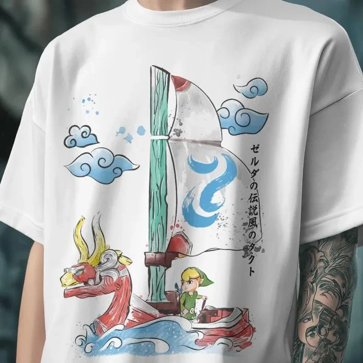 The Legend of Zelda Wind Waker T-shirt Japanese Ink Painting King of Red Lions Print Game Oversized Short Sleeve Streetwear