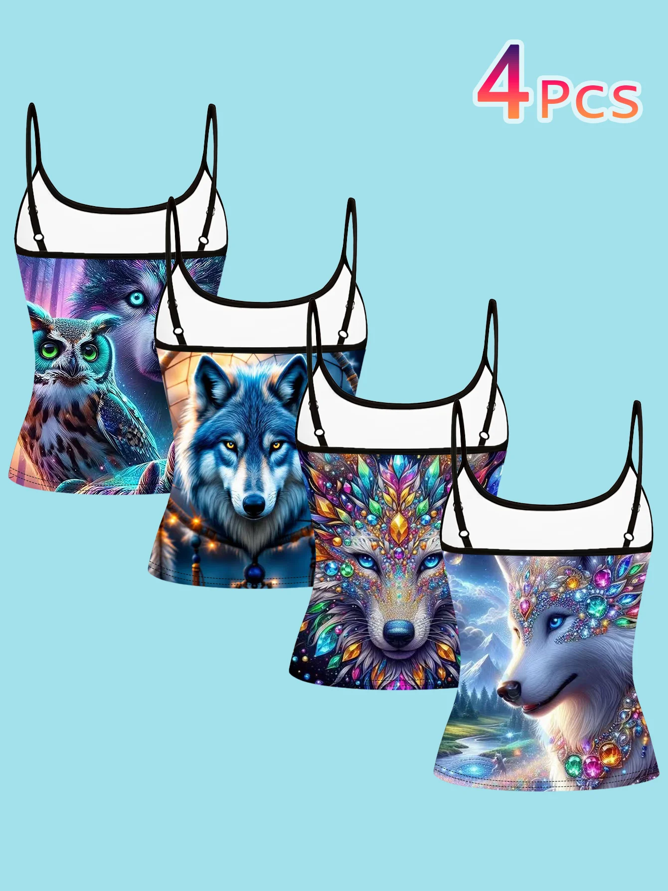 4-Piece Set of Women's Spaghetti Strap Camisoles with Fantasy Gemstone Wolf and Owl Artistic Animal Print, Slim-Fit Sleeveless Tops