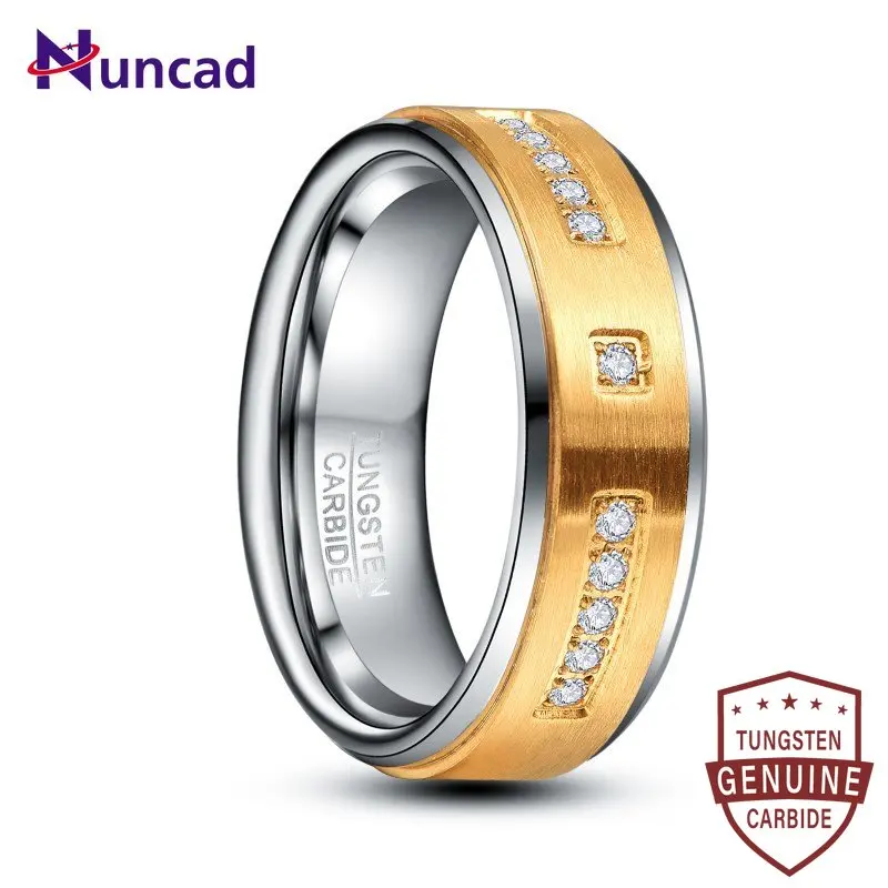 

Nuncad 8mm Surface Electric Gold Inlaid Zircon Tungsten Carbon Ring Men's Rings Jewelry Party Wedding Band Size 7-12