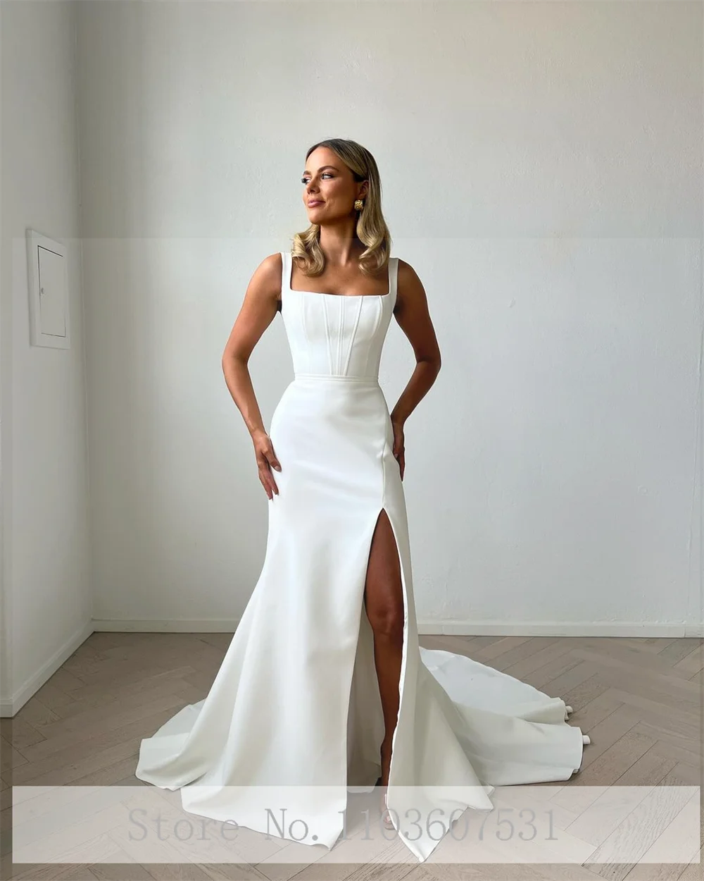 Vestido De Noiva De Cetim Com Fenda Lateral, Vestido De Sereia Sem Mangas, Vestido De Noiva Simples, Colarinho Quadrado, Tribunal
