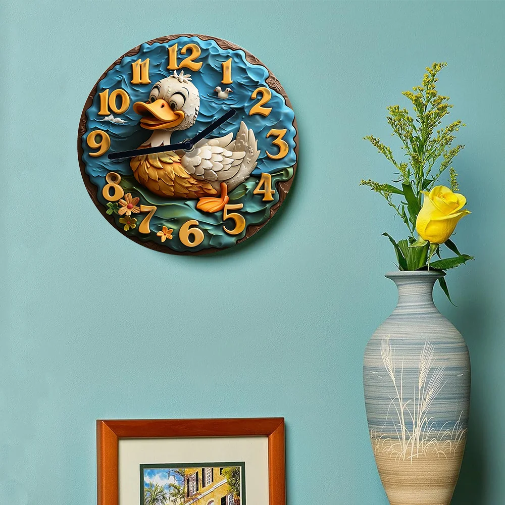 Duck-Themed Silent Wall Clock with 2D Visual Effect, DIY Kit – Decorative Timepiece for Summer Kitchen or Mother's Thanksgiving