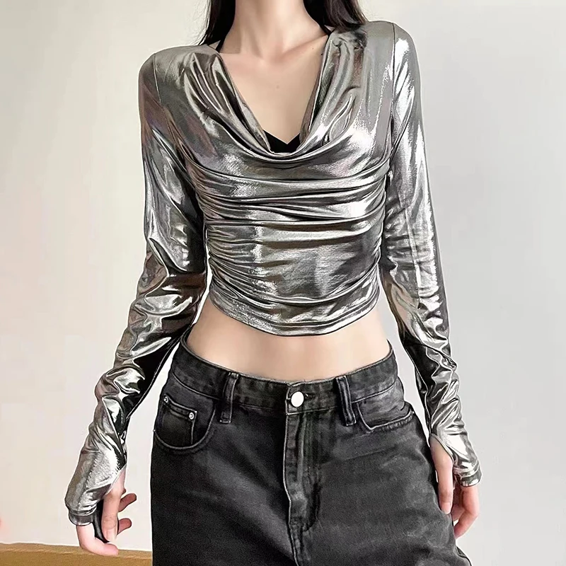 7093 Autumn Vintage Glossy Swing Neck Slim Sexy Crop Top Long Sleeve T-Shirt Top Silver L