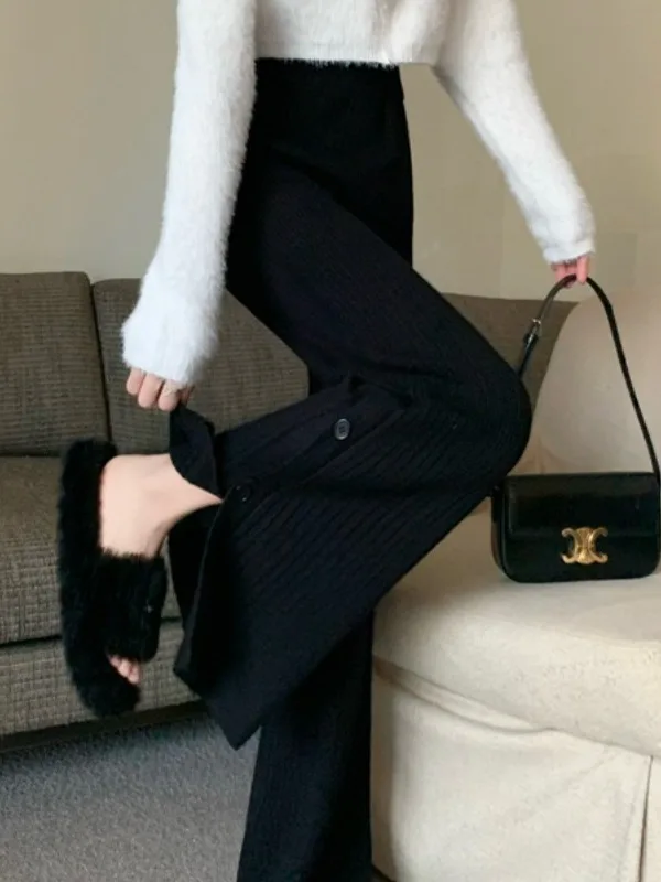 فضفاض بنطال ذو قصة أرجل واسعة المرأة الخريف الشتاء عادية عالية الخصر سستة مستقيم شريط محبوك الطابق طول بنطلون