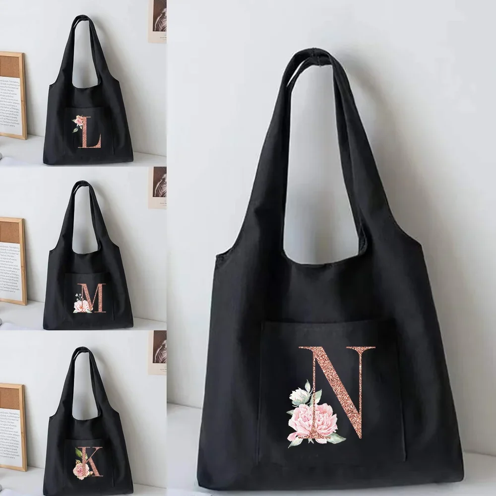 

Tote Bag Women Shopper Bag Portable Messenger Shoulder Bags Rose Gold Letter with Side Pocket Storage Bags Handbags