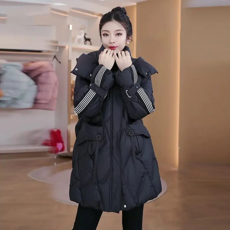 Winter Down Cotton Jacket Mid length Women's New Design sense Spliced Warm Thicken Parka Coat Female Loose Hooded Casual Jackets