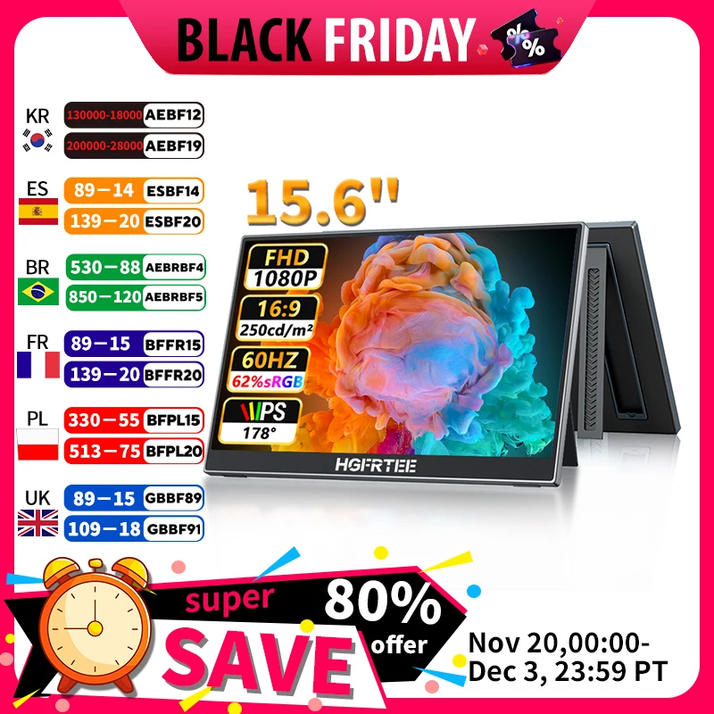 HGFRTEE 15.6 inch Portable Monitor 60Hz 1080P with HDMI USB-C Gaming Screen Extended Display for PC Laptop Mac Switch Xbox PS4/5