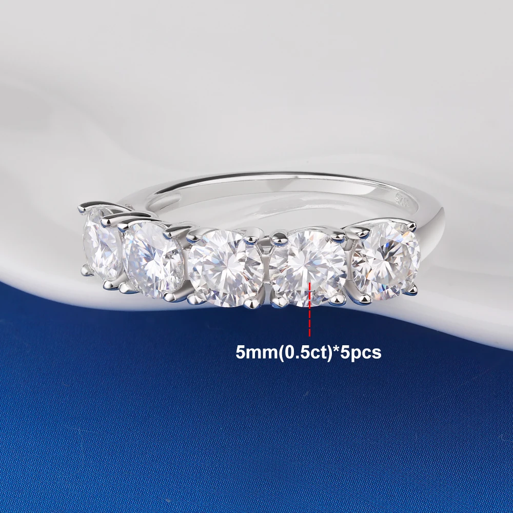 5‑mm Width 5‑Stone‑Row‑Design Full‑Moissanite Ring for Women, Bridal 925 Sterling‑Silver Engagement‑Wedding Band Fine Jewelry, Ideal Anniversary Gift for Her 5