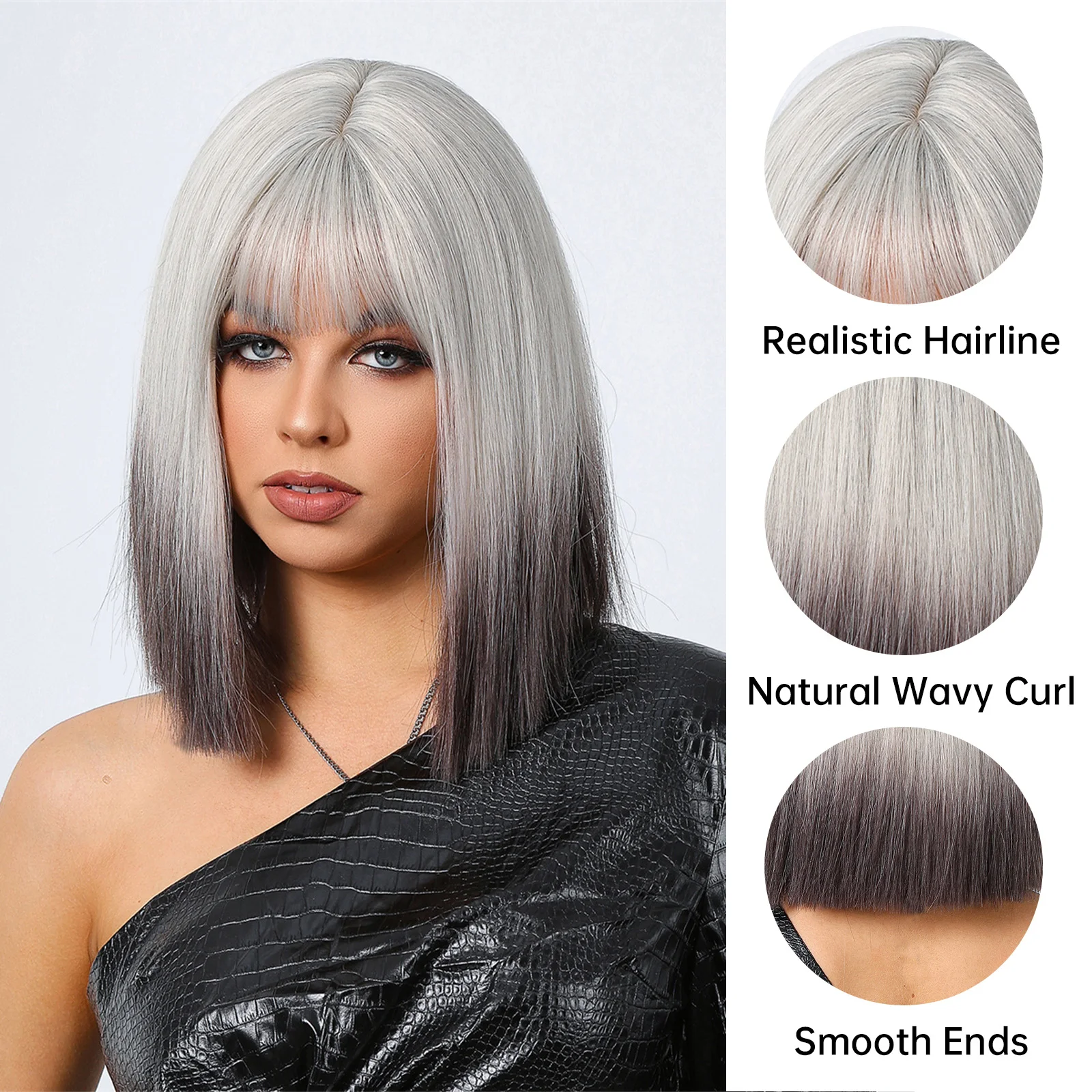 Short Straight Bob Synthetic Wigs for Women White to Black Brown Ombre Cosplay Hair Natural Wigs With Bangs Daily Lolita Wigs