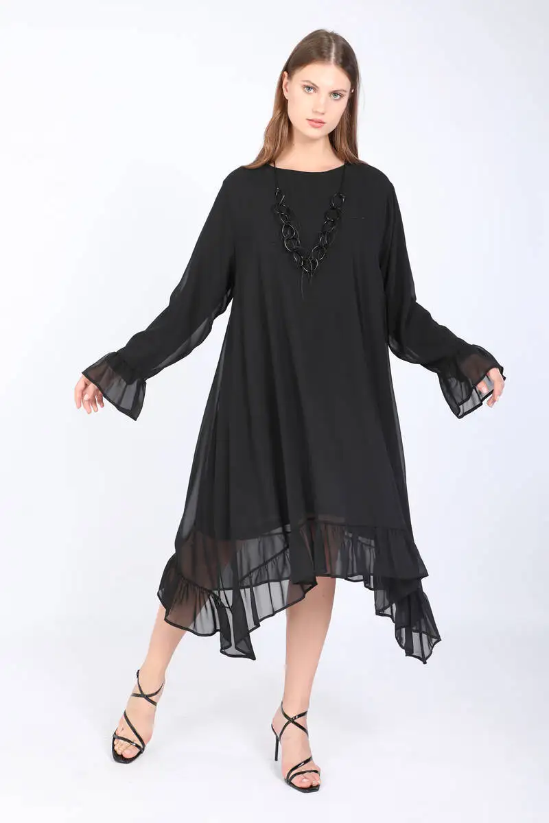 Women's Large Size Frilly Kolyeli Dress Black