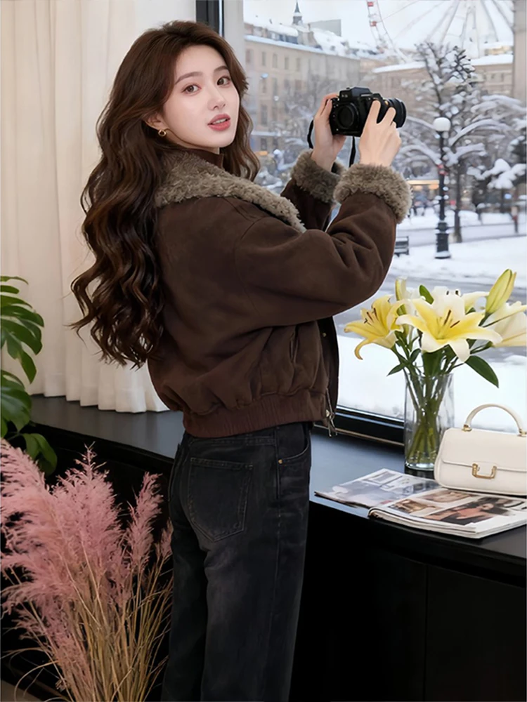 Damska kurtka z futra jagnięcego Thiened, koreański styl, luźny krój, ciepły płaszcz, zimowa odzież wierzchnia, casualowa, elegancka odzież damska.