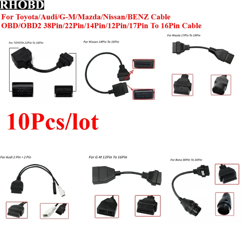 

10 шт./лот адаптер для Toyota/Audi/G-M/Mazda/Nissan/BENZ 38/22/14/12/17Pin к OBD2 16-контактный разъем адаптер женский ремонтный кабель