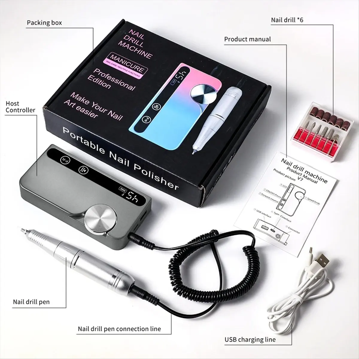 プロ仕様45000rpm電動ポータブルネイルドリルマシン充電式低騒音ネイルサンダーファイルm