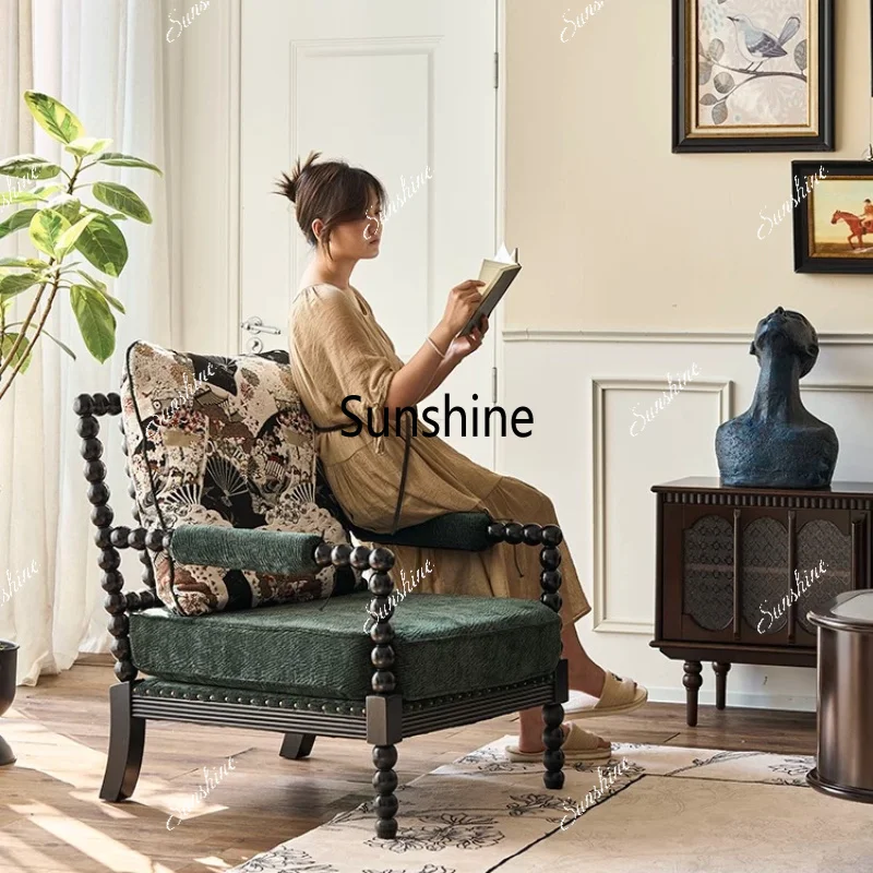 French retro solid wood fabric single sofa small apartment balcony leisure chair